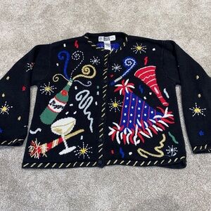Vintage Segue New Years Grandma Sweater Cardigan Black Size M‎ Champagne Rare